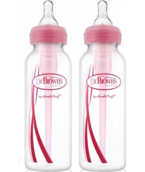 DR BROWN'S NATURAL FLOW OPTIONS PLASTIC BOTTLE PINK NARROW NECK TEAT SILICONE 250ml 0m + 2pcs