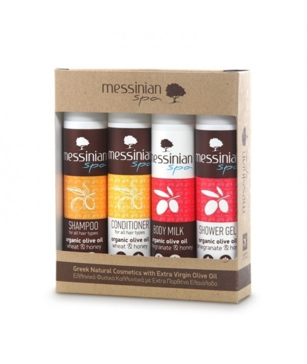 MESSINIAN SPA TRAVEL KIT SHOWER GEL 50ml SHAMPOO 50ml BODY MILK 50ml CONDITIONER 50ml