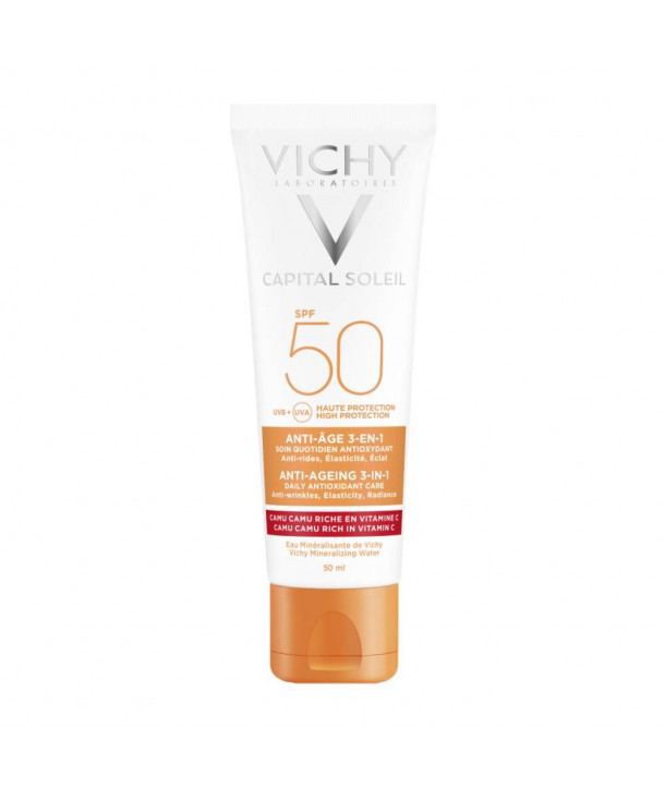 VICHY IDEAL SOLEIL ANTI AGEING ΑΝΤΗΛΙΑΚΗ ΚΡΕΜΑ 3 ΣΕ 1 ΚΑΤΑ ΤΩΝ ΡΥΤΙΔΩΝ SPF50 50ml