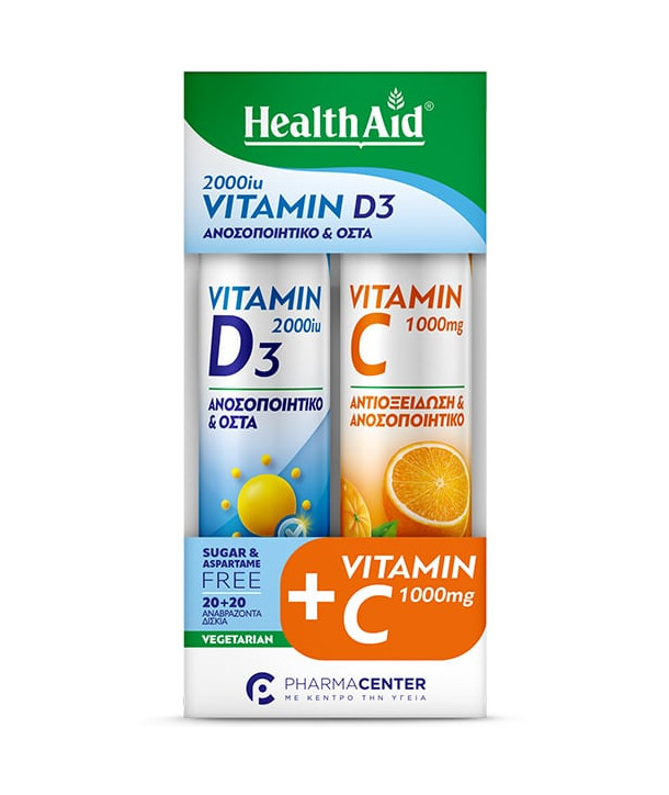 Health Aid Combo Pack Vitamin D3 2000iu, 20tabs & Vitamin C1000mg, 20tabs