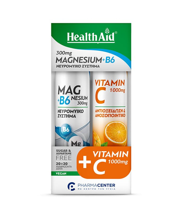 Health Aid Promo Pack Magnesium + B6, 20tabs & Vitamin C 1000mg, 20tabs