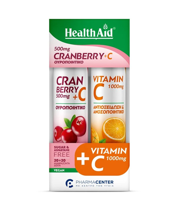 Health Aid Promo Pack Cranberry 500mg + Vitamin C, 20tabs & Vitamin C 1000mg, 20tabs