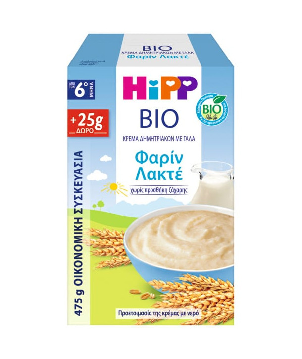 Hipp Bio Κρέμα Φαρίν Λακτέ με Γάλα Χωρίς Προσθήκη Ζάχαρης 6m+, 475gr