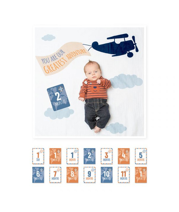 LULUJO Milestone Swaddle Blanket and Card Set, Greatest Adventure