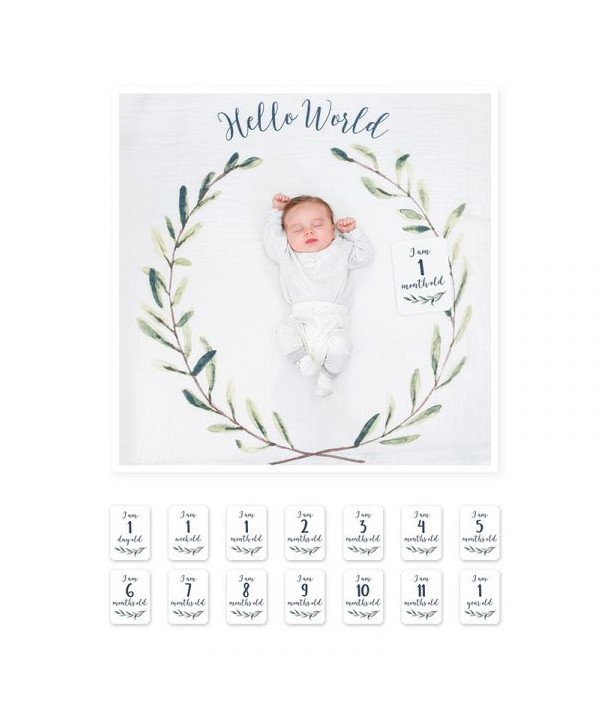 LULUJO Milestone Swaddle Blanket and Card Set, Hello World