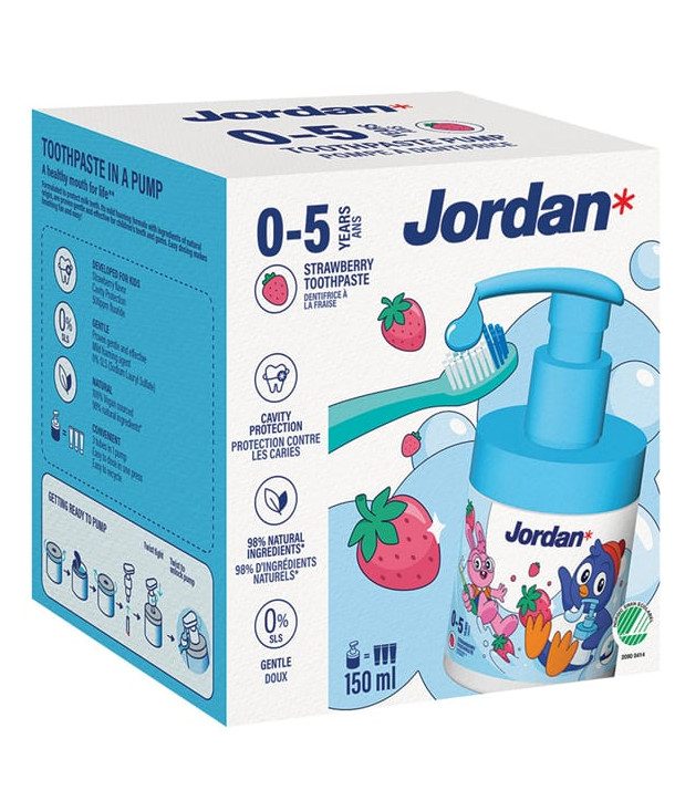 Jordan Toothpaste Παιδική Οδοντόκρεμα με Αντλία Γεύση Φράουλα 0-5χρονών, 150ml