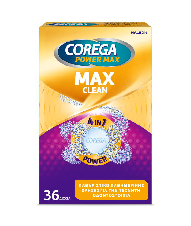 Corega Power Max Clean 4in7 Καθαριστικά Δισκία για Τεχνητές Οδοντοστοιχίες με Περισσότερο Ενεργό Οξυγόνο, 36tabs