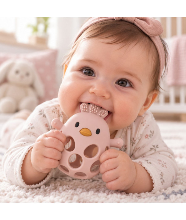 ABO SILICONE HOLLOW TEETHER ΜΑΣΗΤΙΚΟ ΣΙΛΙΚΟΝΗΣ 4M+ Παιχνίδι Οδοντοφυΐας Κοτοπουλάκι Ροζ